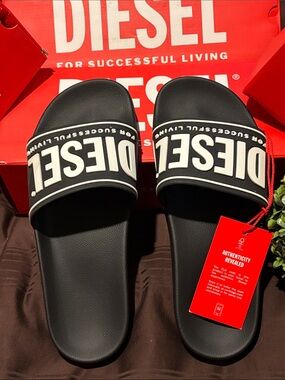 Diesel Black Slide Sandals with White Logo Strap